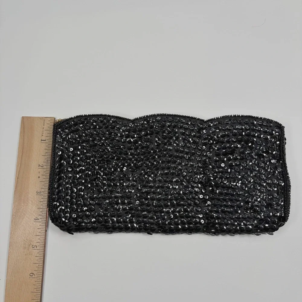 Vintage Women Cosmetic Bag Pouch Sequin Beaded Scalloped Edge Black Gatsby Glam